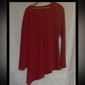 Dawn Joy Dressy Blouse Burgundy Red Beading Asymmetrical Hem Women’s Sz 8